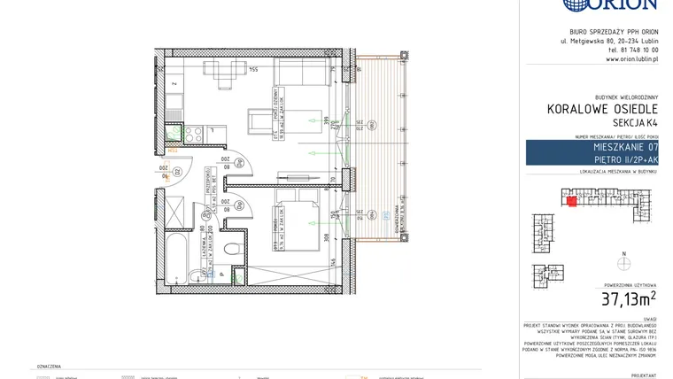 Rzut - Mieszkanie na sprzedaż 2 pokoje o powierzchni 37,13 m² - numer K4-7 w Koralowe Osiedle