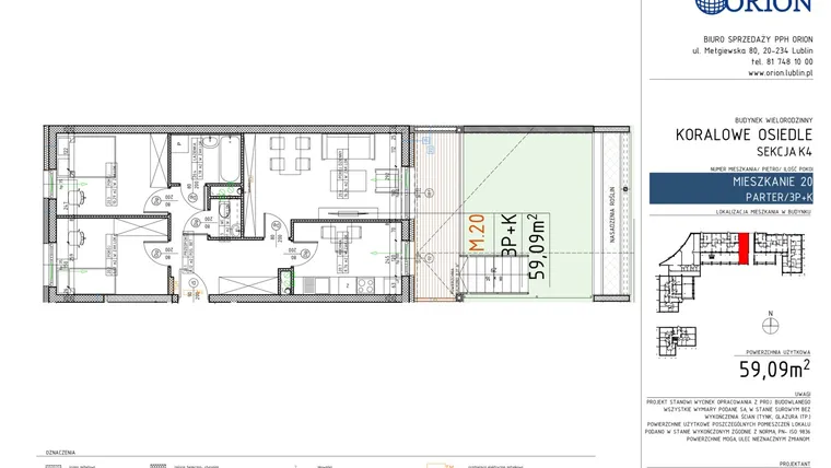 Rzut - Mieszkanie na sprzedaż 3 pokoje o powierzchni 59,09 m² - numer K4-20 w Koralowe Osiedle