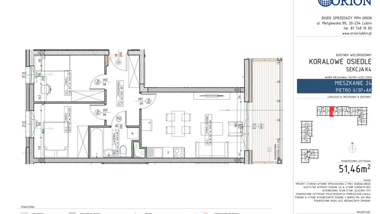 Rzut - Mieszkanie na sprzedaż 3 pokoje o powierzchni 51,46 m² - numer K4-24 w Koralowe Osiedle
