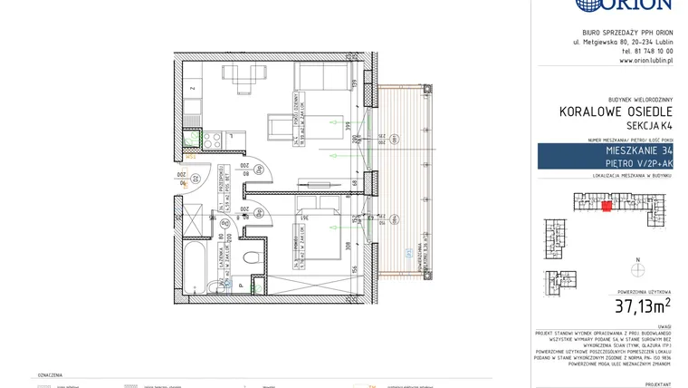 Rzut - Mieszkanie na sprzedaż 2 pokoje o powierzchni 37,13 m² - numer K4-34 w Koralowe Osiedle