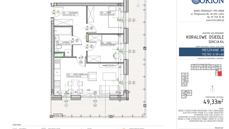 Rzut - Mieszkanie na sprzedaż 3 pokoje o powierzchni 49,33 m² - numer K4-68 w Koralowe Osiedle