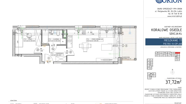 Rzut - Mieszkanie na sprzedaż 2 pokoje o powierzchni 37,72 m² - numer K4-77 w Koralowe Osiedle