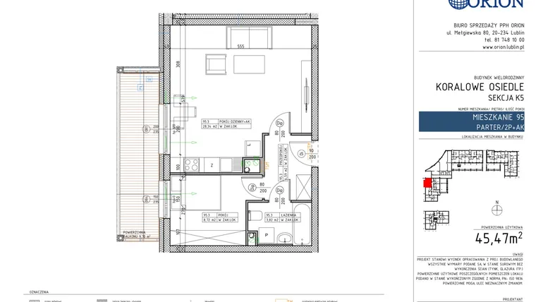 Rzut - Mieszkanie na sprzedaż 2 pokoje o powierzchni 45,47 m² - numer K5-95 w Koralowe Osiedle