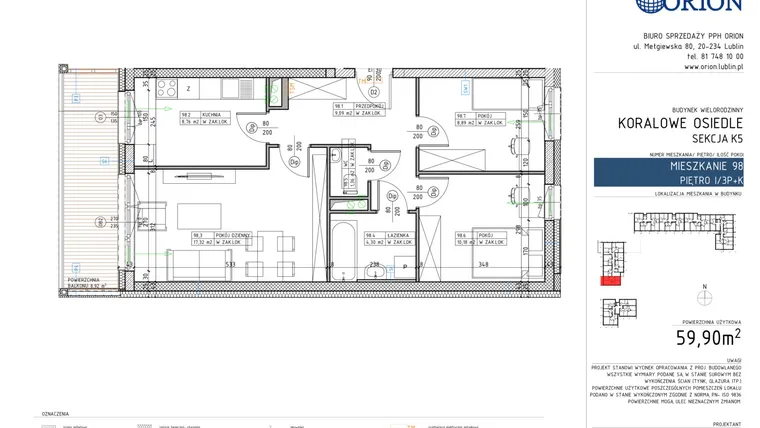 Rzut - Mieszkanie na sprzedaż 3 pokoje o powierzchni 59,9 m² - numer K5-98 w Koralowe Osiedle
