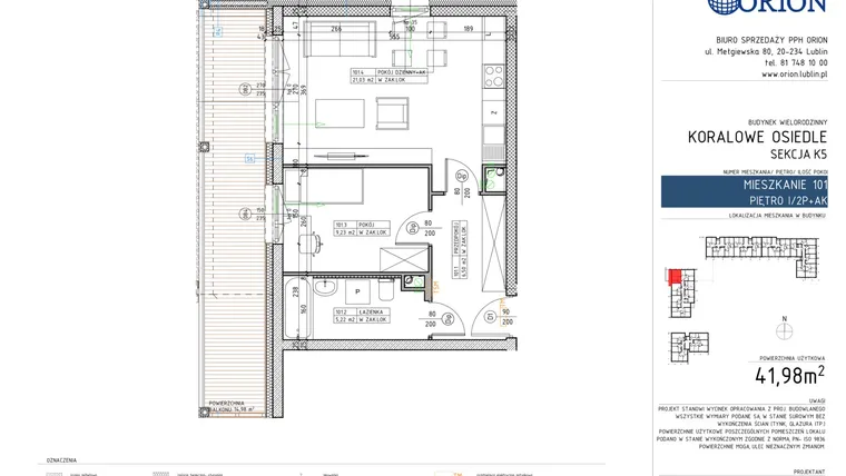 Rzut - Mieszkanie na sprzedaż 2 pokoje o powierzchni 41,98 m² - numer K5-101 w Koralowe Osiedle