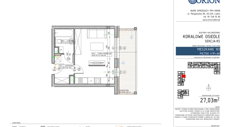Rzut - Mieszkanie na sprzedaż 1 pokój o powierzchni 27,03 m² - numer K5-103 w Koralowe Osiedle
