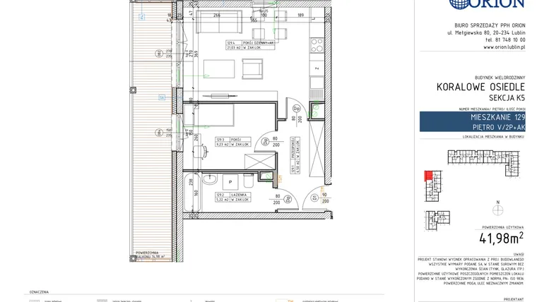 Rzut - Mieszkanie na sprzedaż 2 pokoje o powierzchni 41,98 m² - numer K5-129 w Koralowe Osiedle