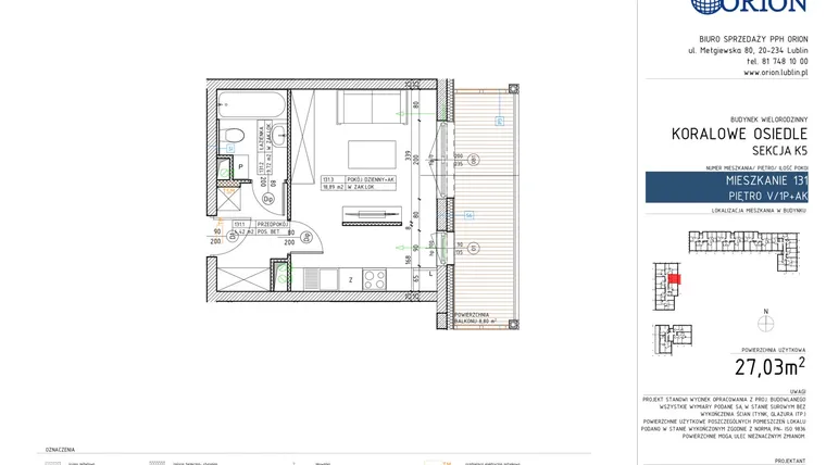 Rzut - Mieszkanie na sprzedaż 1 pokój o powierzchni 27,03 m² - numer K5-131 w Koralowe Osiedle