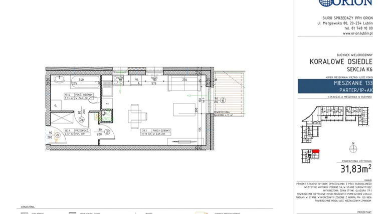 Rzut - Mieszkanie na sprzedaż 1 pokój o powierzchni 31,83 m² - numer K6-133 w Koralowe Osiedle