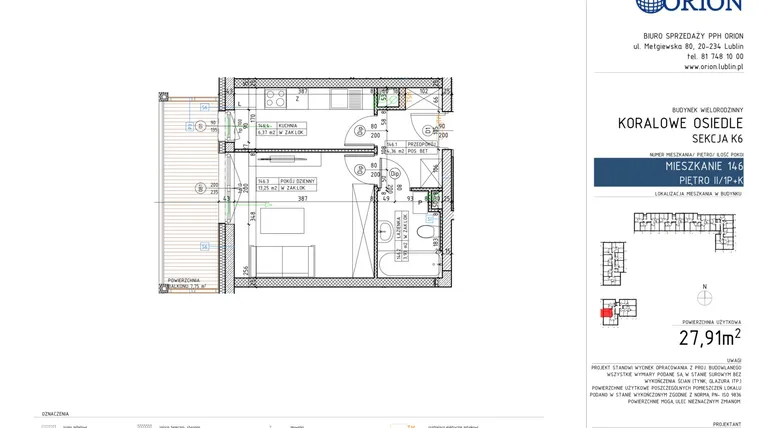 Rzut - Mieszkanie na sprzedaż 1 pokój o powierzchni 27,91 m² - numer K6-146 w Koralowe Osiedle
