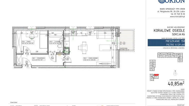 Rzut - Mieszkanie na sprzedaż 2 pokoje o powierzchni 40,85 m² - numer K6-158 w Koralowe Osiedle