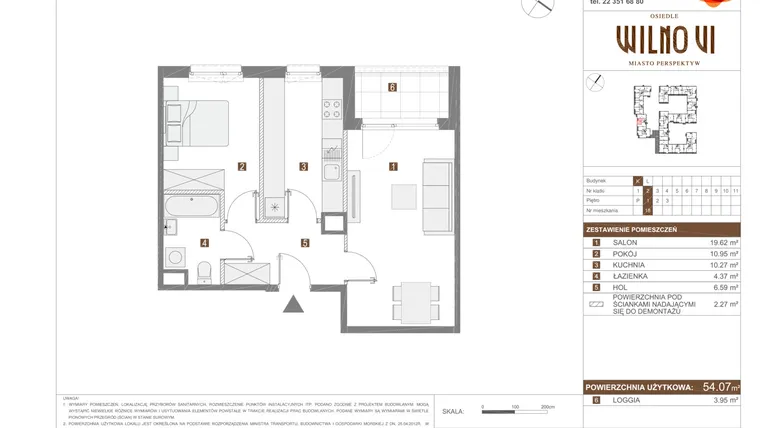 Rzut - Mieszkanie na sprzedaż 2 pokoje o powierzchni 54,07 m² - numer VI.K.18 w Osiedle Wilno