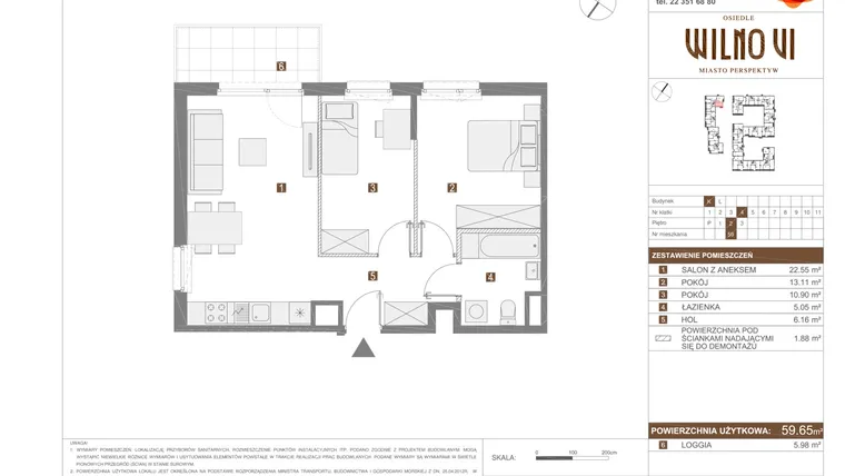Rzut - Mieszkanie na sprzedaż 3 pokoje o powierzchni 59,65 m² - numer VI.K.59 w Osiedle Wilno