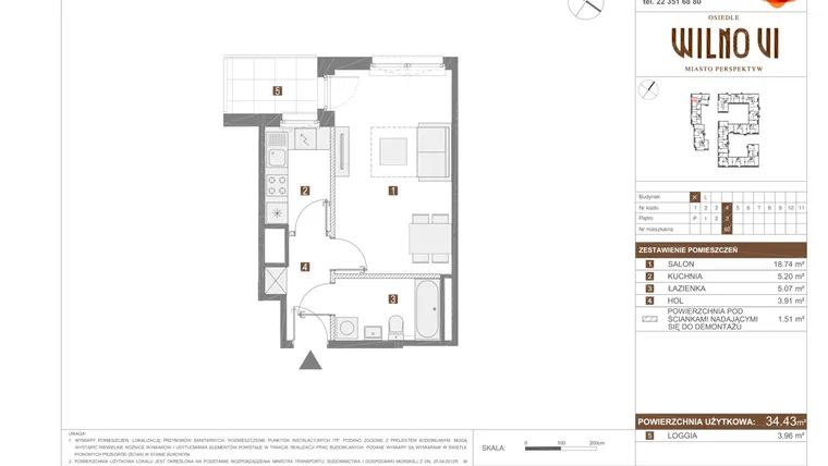 Rzut - Mieszkanie na sprzedaż 1 pokój o powierzchni 34,43 m² - numer VI.K.62 w Osiedle Wilno