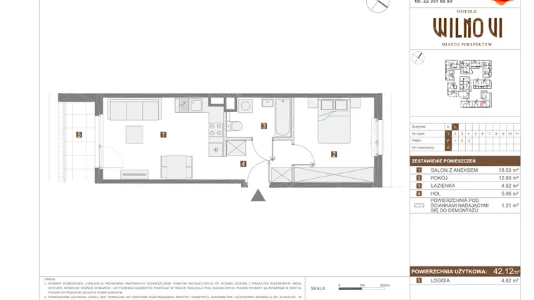 Rzut - Mieszkanie na sprzedaż 2 pokoje o powierzchni 42,12 m² - numer VI.L.4 w Osiedle Wilno