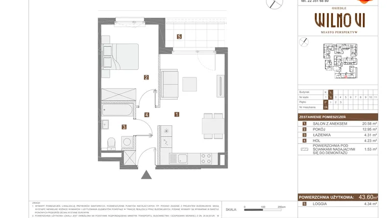 Rzut - Mieszkanie na sprzedaż 2 pokoje o powierzchni 43,6 m² - numer VI.L.24 w Osiedle Wilno