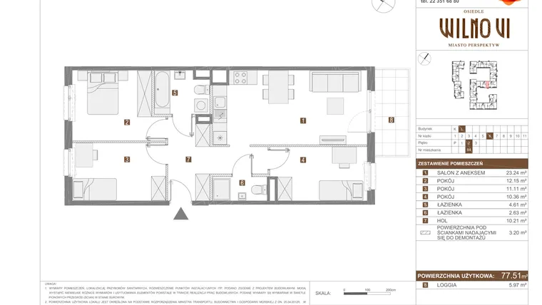 Rzut - Mieszkanie na sprzedaż 4 pokoje o powierzchni 77,51 m² - numer VI.L.84 w Osiedle Wilno