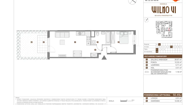 Rzut - Mieszkanie na sprzedaż 2 pokoje o powierzchni 50,49 m² - numer VI.L.92 w Osiedle Wilno