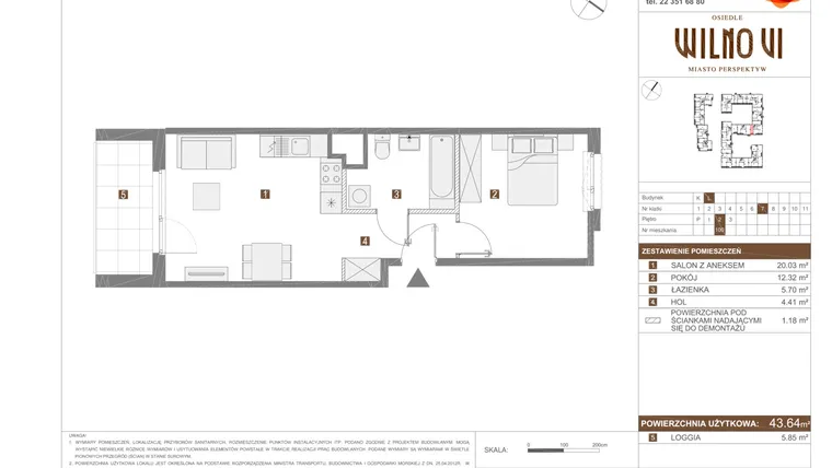 Rzut - Mieszkanie na sprzedaż 2 pokoje o powierzchni 43,64 m² - numer VI.L.100 w Osiedle Wilno