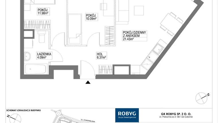 Rzut - Mieszkanie na sprzedaż 3 pokoje o powierzchni 55,15 m² - numer G2.3M07 w Nowa Letnica