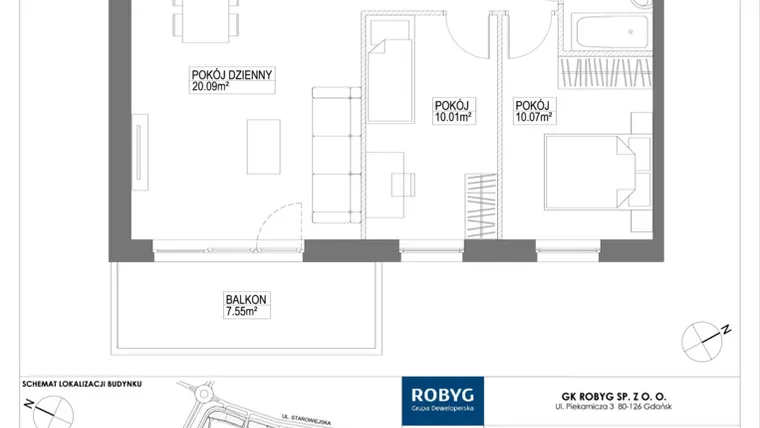 Rzut - Mieszkanie na sprzedaż 3 pokoje o powierzchni 62,06 m² - numer G2.8M02 w Nowa Letnica