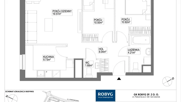 Rzut - Mieszkanie na sprzedaż 3 pokoje o powierzchni 65,77 m² - numer G2.5M03 w Nowa Letnica