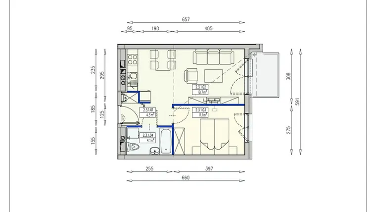 Rzut - Mieszkanie na sprzedaż 2 pokoje o powierzchni 39,2 m² - numer L1 2/3/1/2a w Awipolis