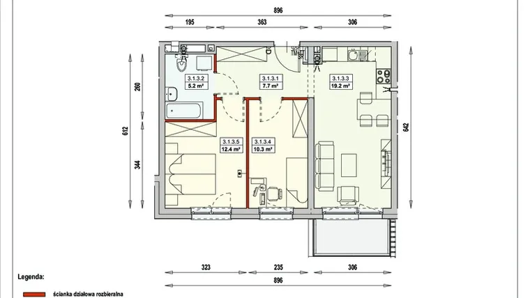 Rzut - Mieszkanie na sprzedaż 3 pokoje o powierzchni 54,8 m² - numer M28 3/1/3/3a w Olimpia Port