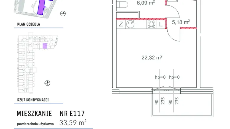 Rzut - Mieszkanie na sprzedaż 1 pokój o powierzchni 33,59 m² - numer E117 w Osiedle Impresja 2