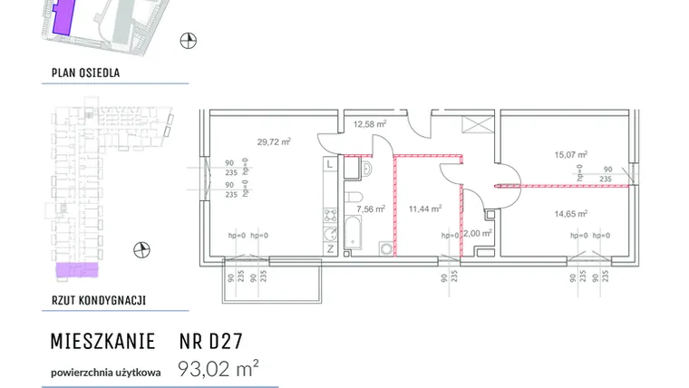 Rzut - Mieszkanie na sprzedaż 4 pokoje o powierzchni 93,02 m² - numer D27 w Osiedle Impresja 2