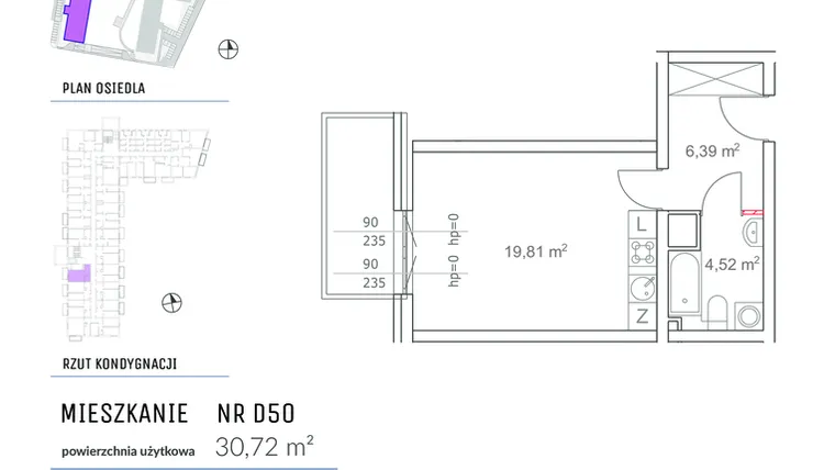 Rzut - Mieszkanie na sprzedaż 1 pokój o powierzchni 30,72 m² - numer D50 w Osiedle Impresja 2