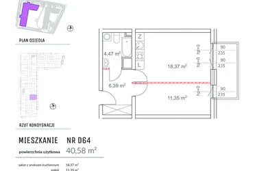 Rzut - Mieszkanie na sprzedaż 2 pokoje o powierzchni 40,58 m² - numer D64 w Osiedle Impresja 2