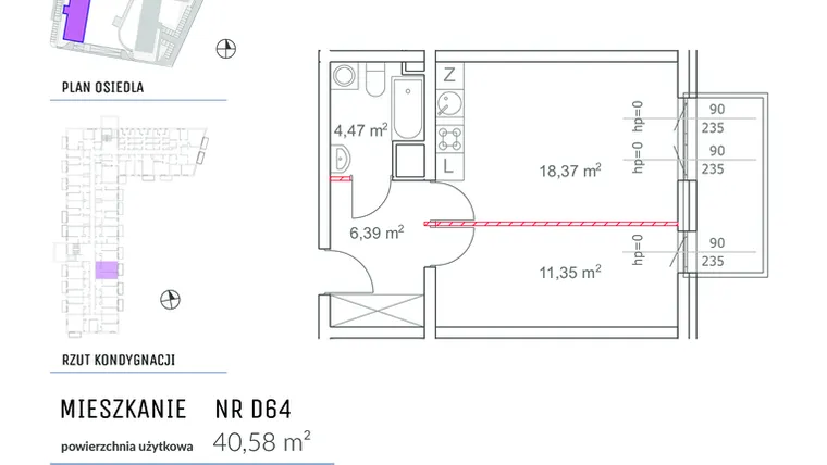 Rzut - Mieszkanie na sprzedaż 2 pokoje o powierzchni 40,58 m² - numer D64 w Osiedle Impresja 2
