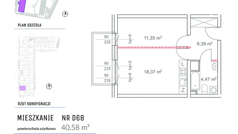 Rzut - Mieszkanie na sprzedaż 2 pokoje o powierzchni 40,58 m² - numer D68 w Osiedle Impresja 2