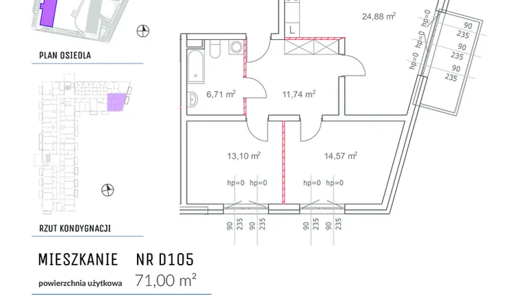 Rzut - Mieszkanie na sprzedaż 3 pokoje o powierzchni 71 m² - numer D105 w Osiedle Impresja 2