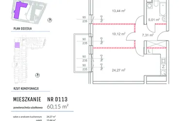 Rzut - Mieszkanie na sprzedaż 3 pokoje o powierzchni 60,15 m² - numer D113 w Osiedle Impresja 2