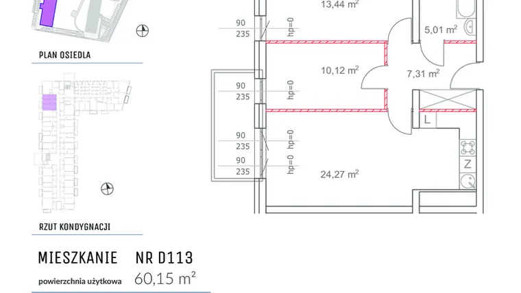 Rzut - Mieszkanie na sprzedaż 3 pokoje o powierzchni 60,15 m² - numer D113 w Osiedle Impresja 2
