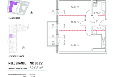 Rzut - Mieszkanie na sprzedaż 3 pokoje o powierzchni 59,08 m² - numer D122 w Osiedle Impresja 2