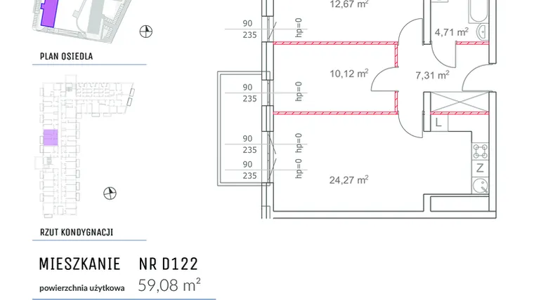 Rzut - Mieszkanie na sprzedaż 3 pokoje o powierzchni 59,08 m² - numer D122 w Osiedle Impresja 2