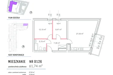 Rzut - Mieszkanie na sprzedaż 3 pokoje o powierzchni 61,74 m² - numer D126 w Osiedle Impresja 2