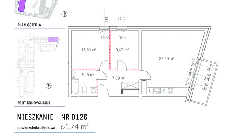 Rzut - Mieszkanie na sprzedaż 3 pokoje o powierzchni 61,74 m² - numer D126 w Osiedle Impresja 2
