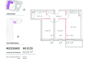 Rzut - Mieszkanie na sprzedaż 3 pokoje o powierzchni 62,63 m² - numer D129 w Osiedle Impresja 2