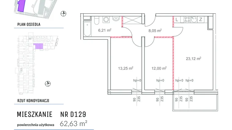 Rzut - Mieszkanie na sprzedaż 3 pokoje o powierzchni 62,63 m² - numer D129 w Osiedle Impresja 2