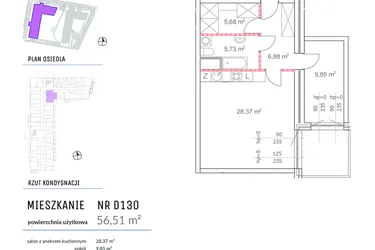 Rzut - Mieszkanie na sprzedaż 2 pokoje o powierzchni 56,51 m² - numer D130 w Osiedle Impresja 2