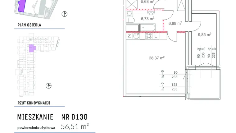 Rzut - Mieszkanie na sprzedaż 2 pokoje o powierzchni 56,51 m² - numer D130 w Osiedle Impresja 2