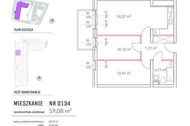 Rzut - Mieszkanie na sprzedaż 3 pokoje o powierzchni 59,08 m² - numer D134 w Osiedle Impresja 2
