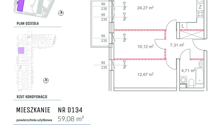 Rzut - Mieszkanie na sprzedaż 3 pokoje o powierzchni 59,08 m² - numer D134 w Osiedle Impresja 2
