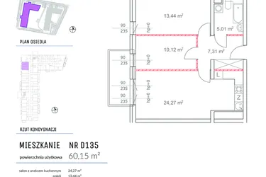 Rzut - Mieszkanie na sprzedaż 3 pokoje o powierzchni 60,15 m² - numer D135 w Osiedle Impresja 2