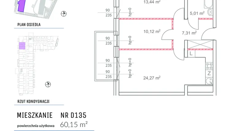 Rzut - Mieszkanie na sprzedaż 3 pokoje o powierzchni 60,15 m² - numer D135 w Osiedle Impresja 2