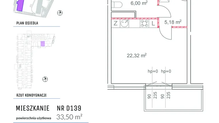 Rzut - Mieszkanie na sprzedaż 1 pokój o powierzchni 33,5 m² - numer D139 w Osiedle Impresja 2